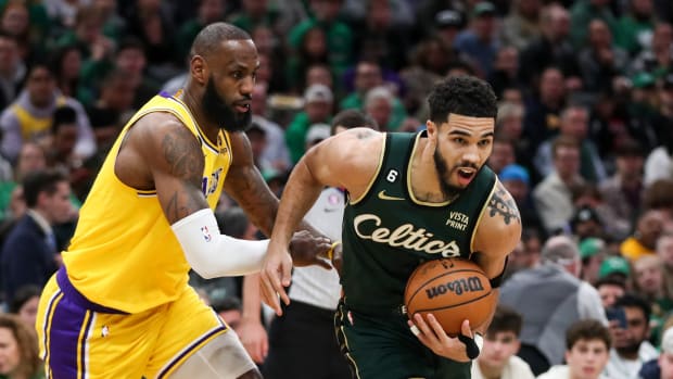James and Tatum during the Celtics' 125-121 overtime win over the Lakers on Jan. 28, 2023.